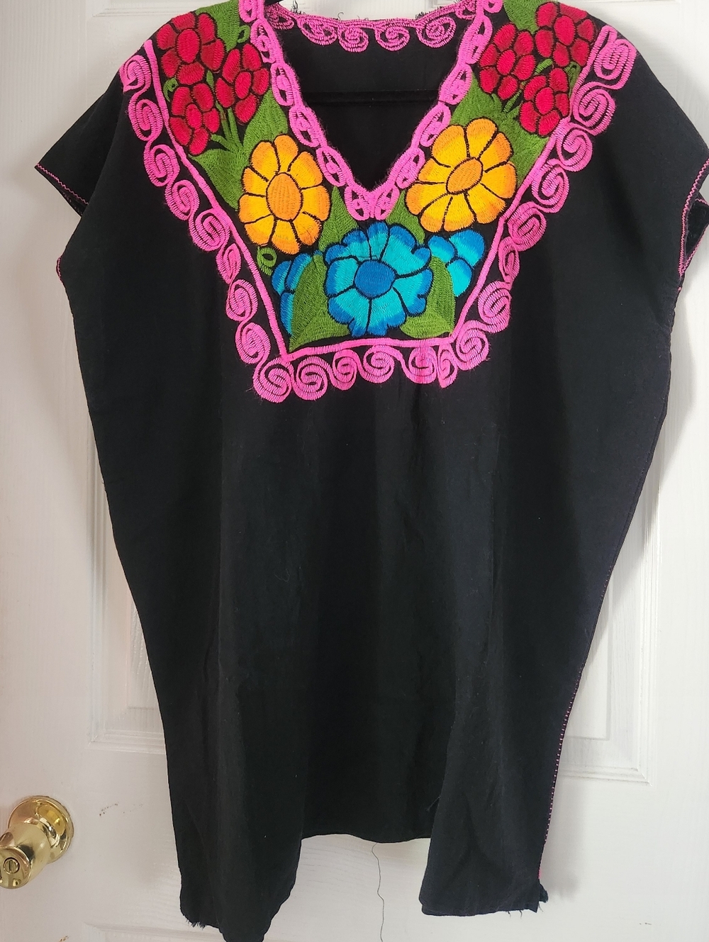 Mexican 🌼 Embroidered Black Women's Tunic Top with Bright Floral Design